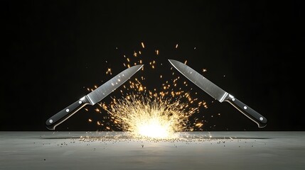 Dramatic Clash of Culinary Titans Two Chefs Knives Colliding in Mid air with a Burst of Sparks Showcasing the Intensity and Passion of the Culinary Arts