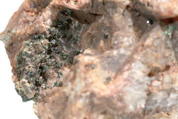 Mineral Libethenite, Small number of crystals in cavity previously filled by cubic crystal, Wheal...
