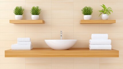 Fototapeta premium Modern bathroom design featuring a sleek sink, neatly stacked towels, and decorative plants on wooden shelves against a neutral wall.