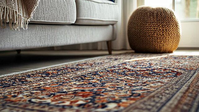 Cozy living room with a vibrant rug and natural light enhancing the peaceful atmosphere