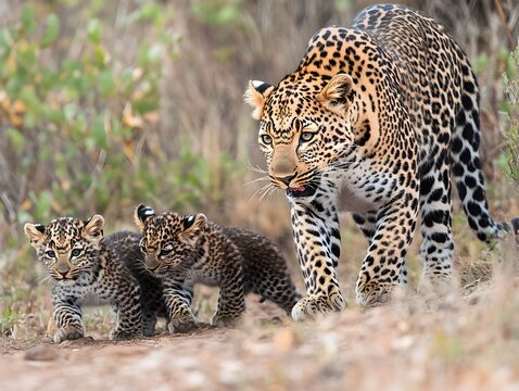 A majestic leopardess leads her two adorable cubs through the African savanna on a sunny afternoon.