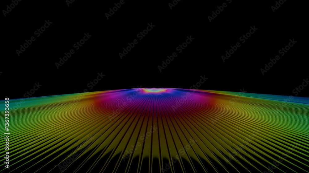 Poster Vibrant rainbow lines radiate across a dark background, forming a fluid wave-like surface with bright gradient stripes, evoking a dynamic and futuristic design.