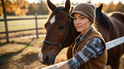 Woman standing next to horse at the horse stud in countryside. Equestarian and horseback riding hobby. Woman horse rider