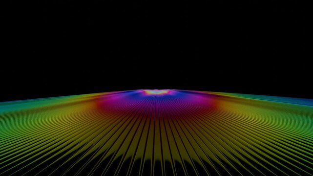 Vibrant rainbow lines radiate across a dark background, forming a fluid wave-like surface with bright gradient stripes, evoking a dynamic and futuristic design.