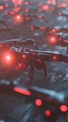 A swarm of futuristic drones illuminates a dark mysterious environment