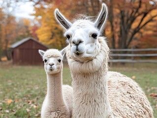 Obraz premium An adult white llama and its adorable fluffy cria pose together in an autumnal farm setting with vibrant fall foliage.