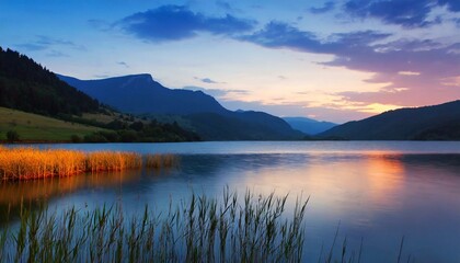 Fototapeta premium lake in mountains, lake and mountains, 3d nature wallpaper on lac, landscape , sunset , sunrise
