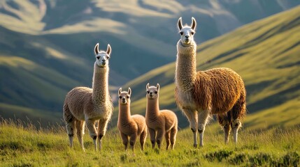 A llama family stands proudly on a grassy hillside with a breathtaking mountain backdrop at sunset.