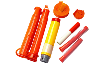 Colorful safety signal devices arranged artistically on a white background in natural light isolated on transparent background