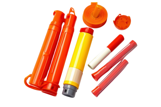 Colorful safety signal devices arranged artistically on a white background in natural light isolated on transparent background