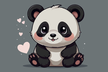 Naklejka premium Adorable cartoon panda sitting with hearts on dark background