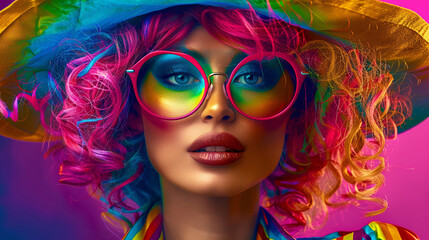 Obraz premium Close-up shot of a model with vibrant makeup, a bright hat, and large glasses