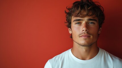 plain white t shirt mockup male model front view red background with copy space