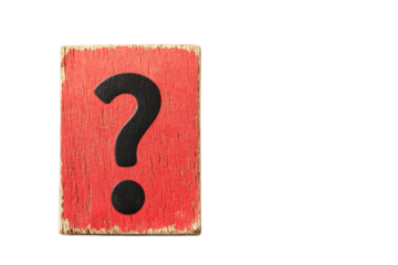 A vibrant red block displaying a black question mark symbolizing curiosity and inquiry isolated on transparent background