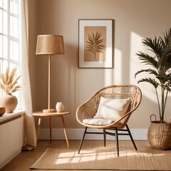 Bohemian Chic Living Room Interior with Rattan Chair and Natural Decor