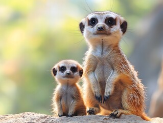 Fototapeta premium An adorable adult meerkat and its tiny baby sit attentively together outdoors in soft sunlight.