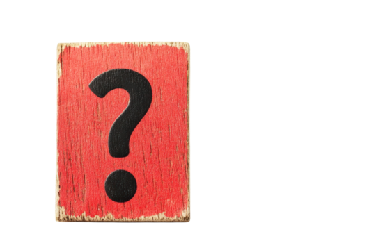 A vibrant red block displaying a black question mark symbolizing curiosity and inquiry isolated on transparent background