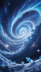 A magnificent frozen galaxy, filled with sweeping ice-blue nebulas and sparkling crystal-like star clusters. The serene atmosphere exudes a cold yet mesmerizing beauty