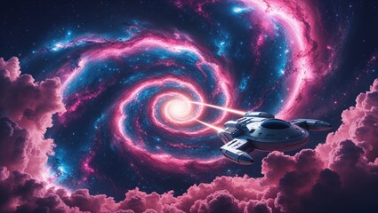 "A massive galaxy with vibrant nebula clouds, glowing in shades of pink and blue. A futuristic spaceship travels through its spiral arms, leaving a glowing energy trail. Stunning celestial scenery