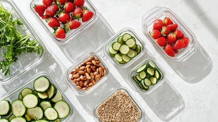 Assorted fresh produce and nuts in clear containers on white background.