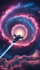 "A massive galaxy with vibrant nebula clouds, glowing in shades of pink and blue. A futuristic spaceship travels through its spiral arms, leaving a glowing energy trail. Stunning celestial scenery