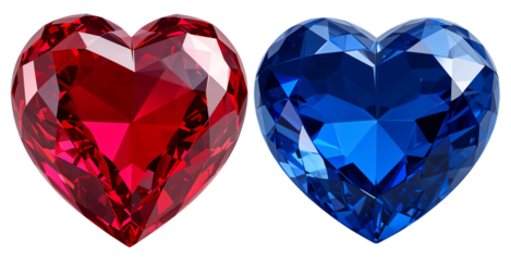 Faceted Red and Blue Diamond Hearts on Transparent Background