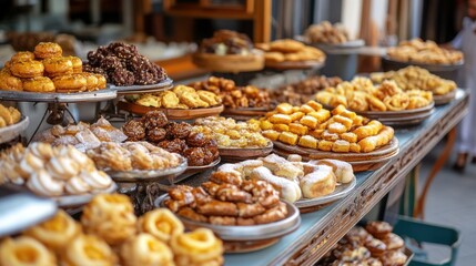 Assorted pastries and sweets on display at a bakery.