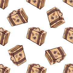 Seamless pattern with hand drawn travel suitcases in hand drawn sketch vintage style