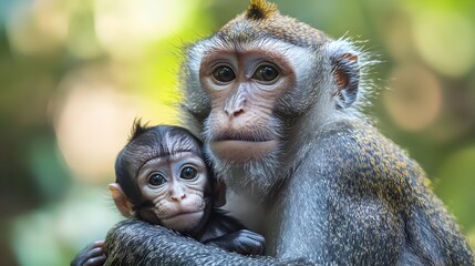 Fototapeta premium A mother monkey tenderly cradles her adorable baby monkey in a lush green jungle setting showcasing their loving bond.