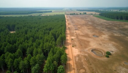 Aerial view of deforested land next to a lush green forest, illustrating environmental change.