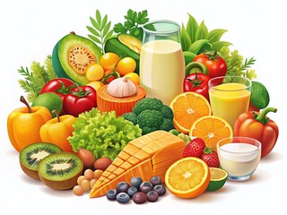 Cartoon Immunity Boosting Foods: Vitamins A, C, D, E, & K  - Flat Vector Illustration