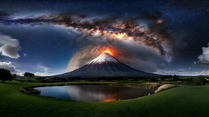 Erupting beauty a majestic volcano beneath the milky way nighttime landscape photography