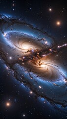 Two galaxies colliding in deep space, their cosmic dance unleashing massive bursts of energy, sending cosmic debris flying in all directions and distorting gravitational waves. 
