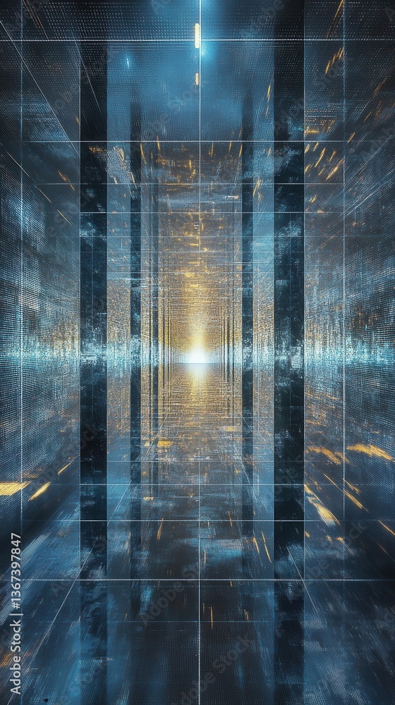 Poster digital abstract rendering depicts a glowing corridor into an open space