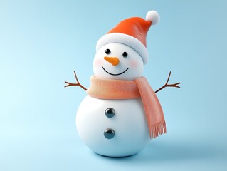 Cheerful Snowman in Red Hat and Orange Scarf on Light Blue Background