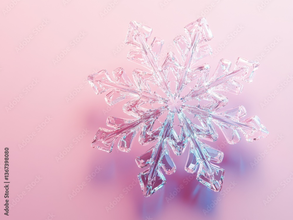 Poster close up of delicate snowflake on pink background