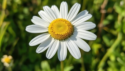 Obraz premium Closeup of a Dewy White Daisy Flower with Yellow Center Against a Green Background