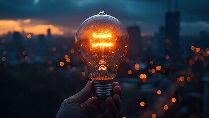 Hand Holding Glowing Light Bulb Against Night City Background - Symbolizing Innovation and Inspiration, High-Quality Photo with Blurred Skyscrapers and City Street