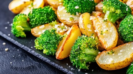 Savor the Freshness: An inviting close-up of perfectly roasted potato wedges and vibrant broccoli florets, seasoned to perfection and ready to be devoured.