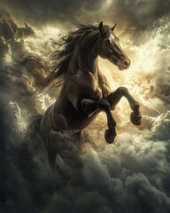Obraz premium Dark Horse Leaping Through Stormy Clouds