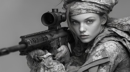 Female soldier holding an assault rifle, aiming precisely, in a black and white close-up portrait. Ai generated