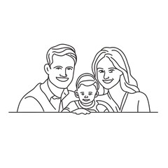 Happy family portrait illustration showing parents and their adorable baby child smiling together in a minimalist line art style.