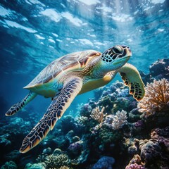 Fototapeta premium Green Sea Turtle Swimming in Vibrant Coral Reef