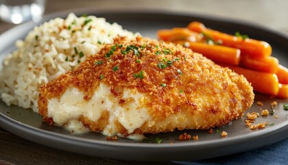 Crispy Breaded Chicken Breast with Melted Cheese Served with Rice and Carrots