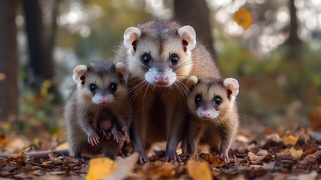 An adorable mother opossum poses proudly with her two cute babies in autumn leaves amongst the forest.