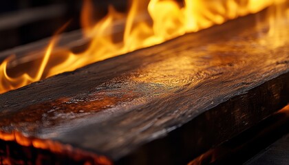 Dark Brown Wooden Plank Burning in Intense Orange and Yellow Flames
