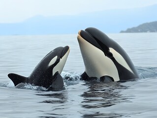 Fototapeta premium A majestic orca mother and her playful calf joyfully interact in the ocean waters near a distant shore on a cloudy day.