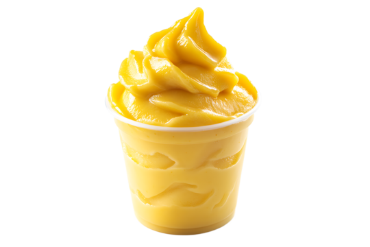 A bright yellow mango flavored soft serve ice cream in a clear plastic cup on a black background view