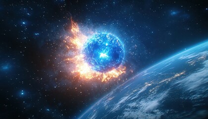 Obraz premium Fiery Cosmic Explosion Near Earth Planet