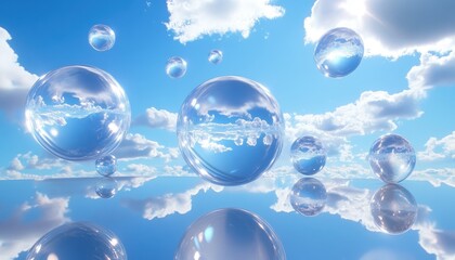 Floating Glass Spheres Reflecting Blue Sky and Clouds